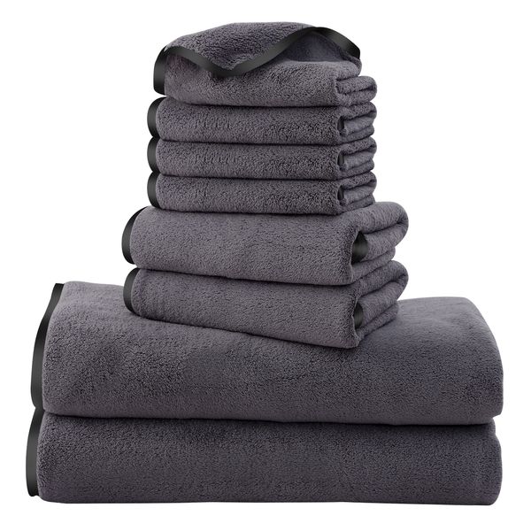 Cosy Family Microfiber 8-Piece Towel Set, 2 Bath Towels, 2 Hand Towels, and 4 Wash Cloths, Ultra Soft Highly Absorbent Towels for Bathroom, Gym, Hotel, Beach and Spa (Dark Grey)