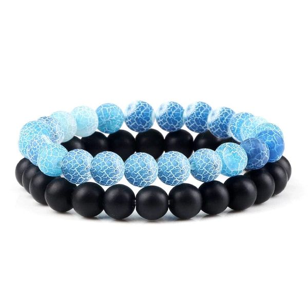 Heamsa 2pcs Men Beads Bracelet Natural Crack Weathered Stone Black Onyx Bangles Stretch Couple Distance Bracelets Yoga Wrist Jewelry Blue