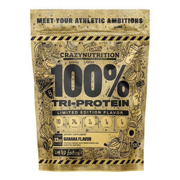 Crazy Nutrition 100% Tri Protein - Whey Protein Isolate Powder Shake for Optimum Muscle Gains, 24g Protein per Serving, 4 Flavours, Low Calorie (900, Banana)