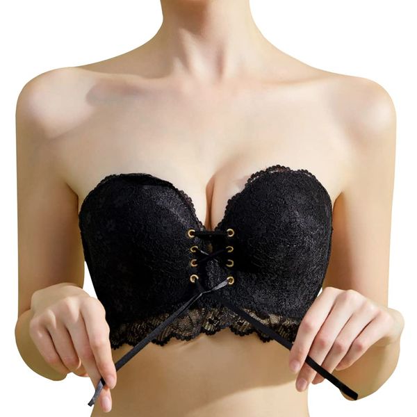 Allanve Strapless Bra for Dress Underwear, Center Stability, Prevents Slipping, Increases Bust, Removable Shoulder Straps, Double Anti-Slip, Strapless Bra, Wire-Free Bra, Tube Top, Showing Bra, Black