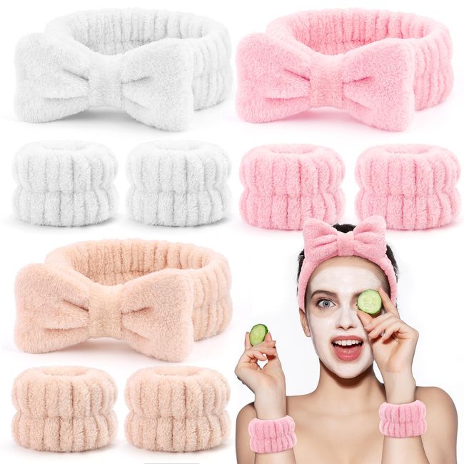 EIMMBD 9 PCS Face Wash Headband Wristband Set, Wrist Towels for Washing Face, Spa Headband Makeup Skincare Headbands Wrist Bands for Washing Face (Pink Beige White)