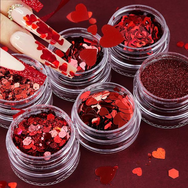 Love Heart Nail Sequins Red Nail Glitter Powder Valentine's Day Heart Nail Art Flakes Powder Kit for Acrylic Festival Nails Decorations DIY Sparkly False Nails Crafts (6 Jars)