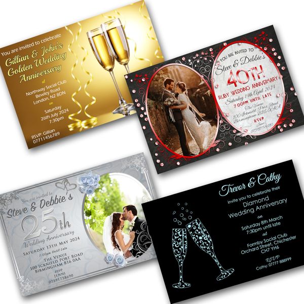Wedding Anniversary Personalised Invitations & Envelopes 25th 40th 50th 60th Silver Ruby Gold Diamond