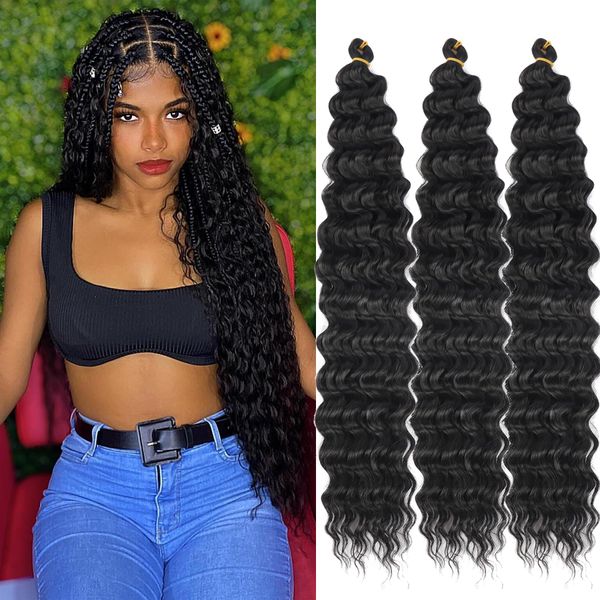 Ocean Wave Crochet Hair 22 inch Deep Wave Crochet Hair 3packs Deep Wave Curly Braiding Hair Extensions Ocean Wave Braiding Hair for Black Women Ocean Wave Crochet Hair Close to Human Hair(22inch, 1B)