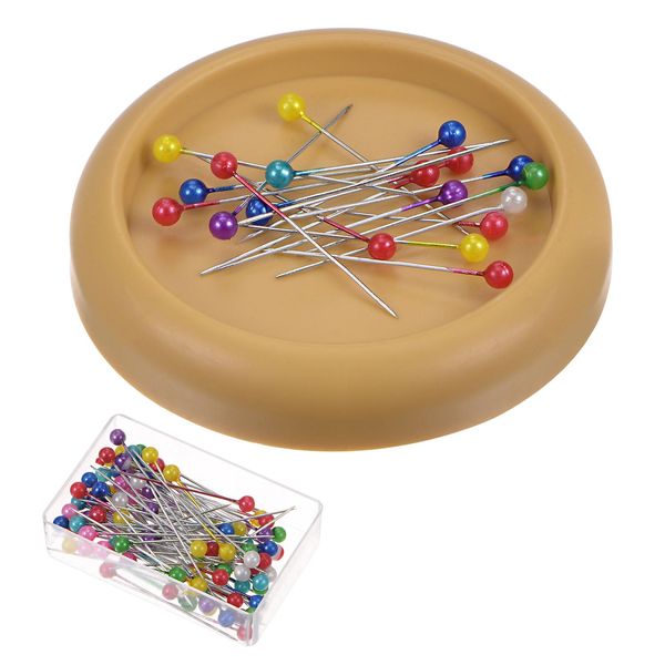 sourcing map Magnetic Pin Cushion Concave Shape with 100pcs Multicolor Plastic Head Pins, Magnetic Pins Holder for Sewing Quilting Needles Pins Hair Bobby Pins, Yellow