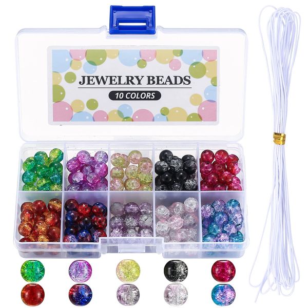 200 Pcs 8 mm Crackle Glass Beads, Colorful Crackle Crafts Beads with Holes, Round Split Crackle Glass Loose Beads for DIY Crafting Necklace Bracelet Jewelry Making, with 1 x White Elastic Thread