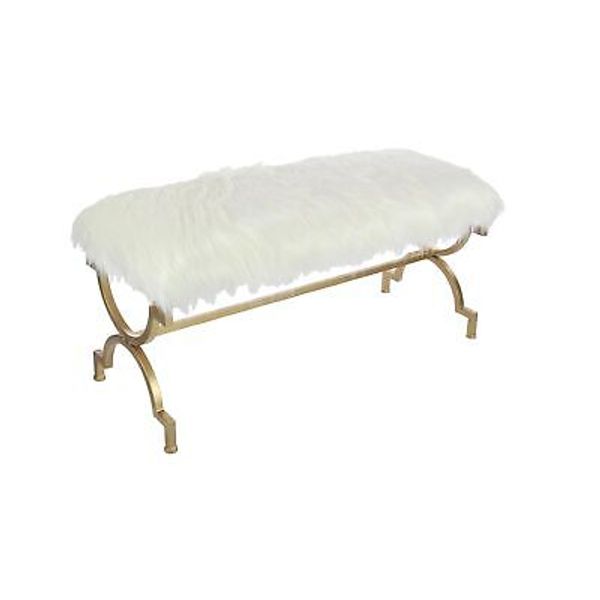 Metal Home Bench Entryway Bench With White Faux Fur Top Bedroom Bench 42" X 17"