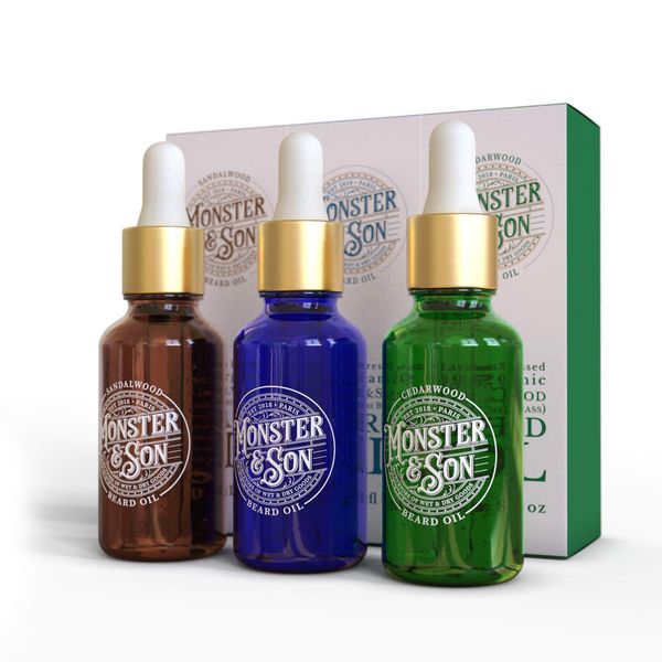 Monster&Son Cold Pressed Beard Oil Variety Pack x3 | Helps to Hydrate, Style and Promote New Hair Growth | Rich in Vitamins & Minerals - Jojoba, Argan & Meadowfoam Oils | Ideal Gift for Bearded Men