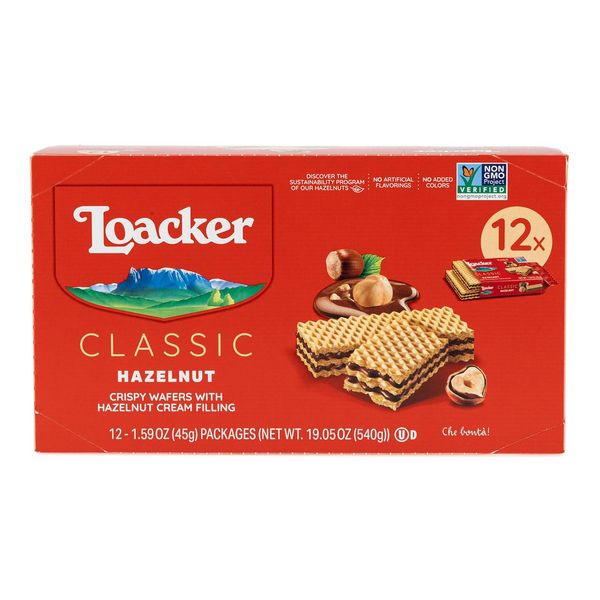 Loacker Classic Hazelnut Wafers - Premium Crispy Wafer Cookies with Hazelnut Cream Filling - Multipack of 12 Snack Packs - NON-GMO - 100% Italian Hazelnuts - 45g/1.59oz, Pack of 12