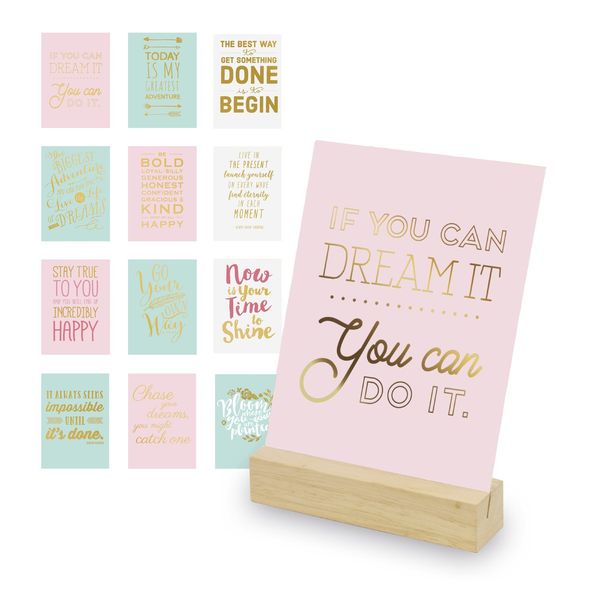 Eccolo Inspirational Cards Set with Wooden Display Stand - 12 Boxed Daily Words Encouragement Cards, Daily Love Cards for Self-Love and Mindfulness, Home or Office Desk Decor (5 x 6.75 inches)