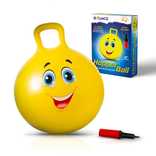 New Bounce Hopper Ball for Kids - Bouncing Ball with Handle - Outdoor Toys for Ages 5,6,7,8,9 - Yellow Bouncy Ball w/Pump