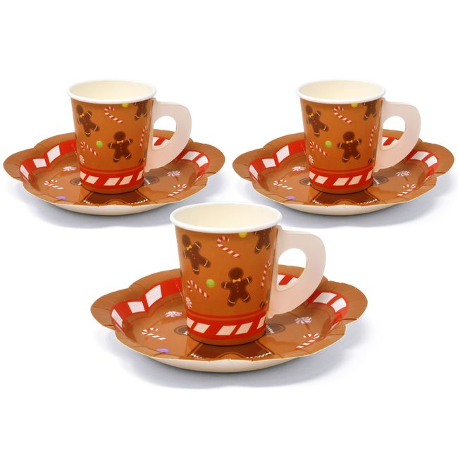 24 Disposable Christmas Gingerbread Party Cups 7 Oz 24 and 7" Paper Scallop Shaped Saucer Plates Set with Handles for Tea Hot Cocoa Chocolate Coffee Mugs Holiday Xmas Table Dinnerware Supplies