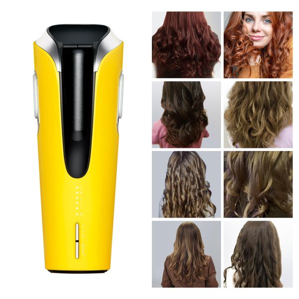 Curling Iron Automatic Curling Iron Professional Anti-Tangle Cordless Hair Curler with 3 Temps Portable Curling Wand Ceramic Rotating Curling Iron 2 Ways Rotary Heating 4 Seconds Quick Styling Yellow