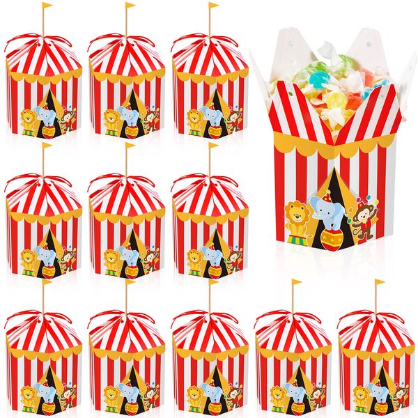 Fainne 12 Pcs Carnival Treat Boxes Circus Decorations Popcorn Paper Boxes Red White Stripes Circus Goody Gift Box for Carnival Themed Birthday Halloween Candy Cupcake Party Celebration