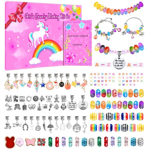 Girls Charm Bracelet Making Kit - 166 Pcs Unicorn Charms Bracelets Kits Kids Jewelry Supplies Make Set DIY Art Craft Set Creative Toys Birthday Gifts for Age 5 6 7 8 9 10 11 12 Year Old Girl Children