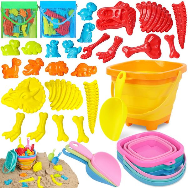 FUTUREPLUSX 34PCS Sand Toys for Kids, Collapsible Beach Toys Set Sandbox Toys with Mesh Bag Dinosaur Sand Molds for Toddlers Outdoor Travel