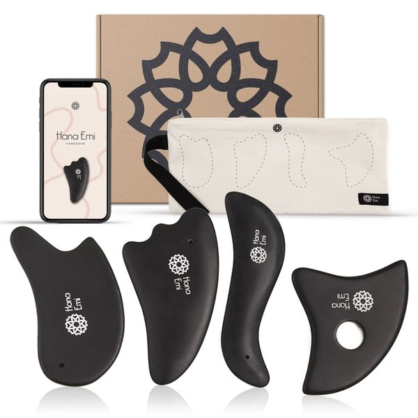 Hana Emi Gua Sha Gesichtswerkzeuge 4er-Set - Großes Gua Sha-Werkzeug aus Stein für Gesicht und Körper - Gua Sha-Stein für strahlende Massage - Gua Sha-Körperwerkzeug und Massage-Set