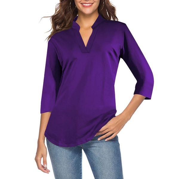 CEASIKERY Women's 3/4 Sleeve V Neck Tops Casual Tunic Blouse Loose Shirt Purple