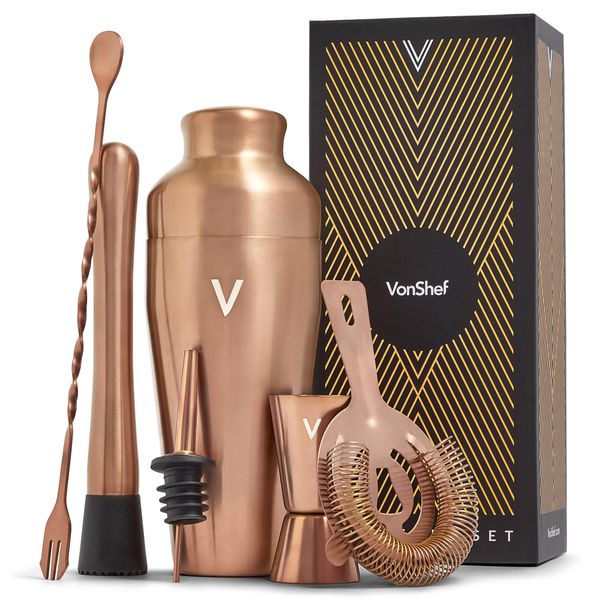 VonShef Cocktail Shaker Set, Copper 6pc Set with 550ml Parisian Cocktail Shaker, Professional Bartender Set for Home Bar, Including Strainer, Muddler, Jigger & Other Bar Accessories, Gift Box Included