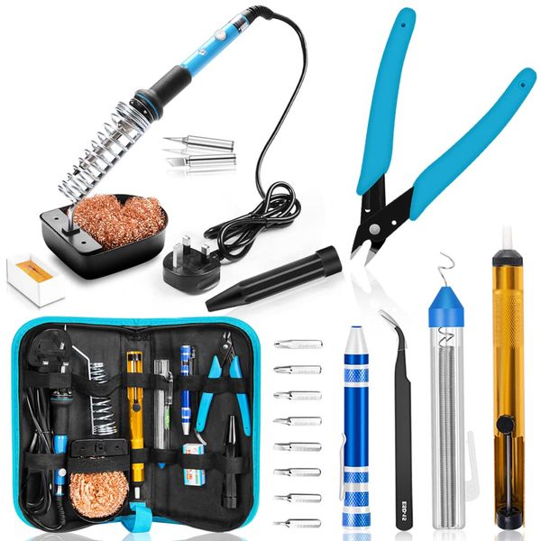 HANDSKIT Soldering Iron, Soldering Iron Kit with Solder, 60W Adjustable Temperature Soldering Kit, 2 Soldering Tips, Desoldering Pump, 8in1 Screwdriver, Tin Wire Tube, Soldering Iron Stand, Tweezers