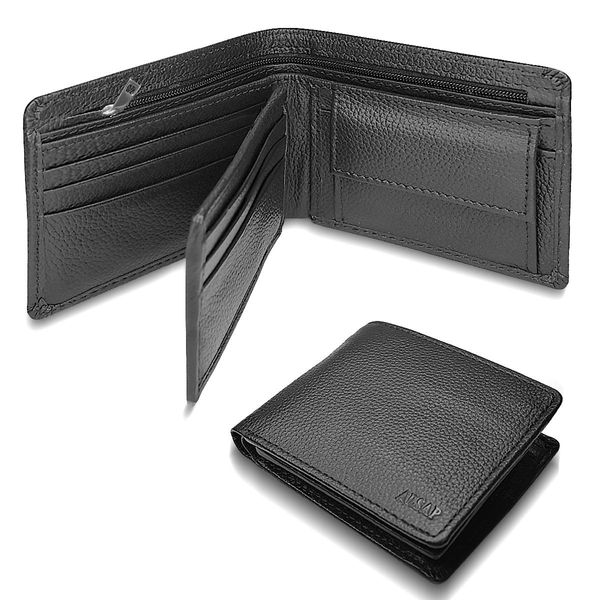 ALSAP Premium Leather Mens Wallets ‒ RFID Blocking Wallet with Coin Pocket & Zip ‒ Bifold Wallets for Men with 12 Card Slots & 2 Bank Note Compartments ‒ Wallet with Gift Box ‒ (Black)