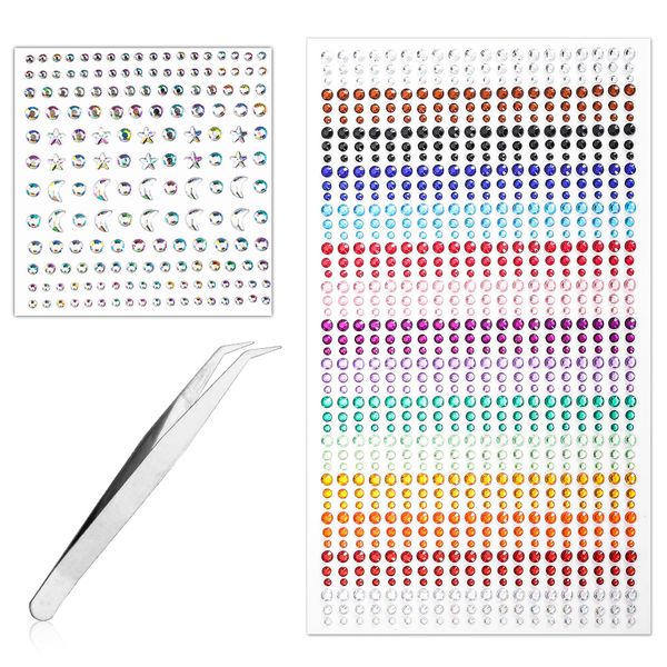 1037 pcs Rhinestone Stickers, Self Adhesive Festival Jewels with Tweezers Hair Pearls Face Diamonds Stick on Colorful Gem Gemstone Embellishment Tattoo for Makeup