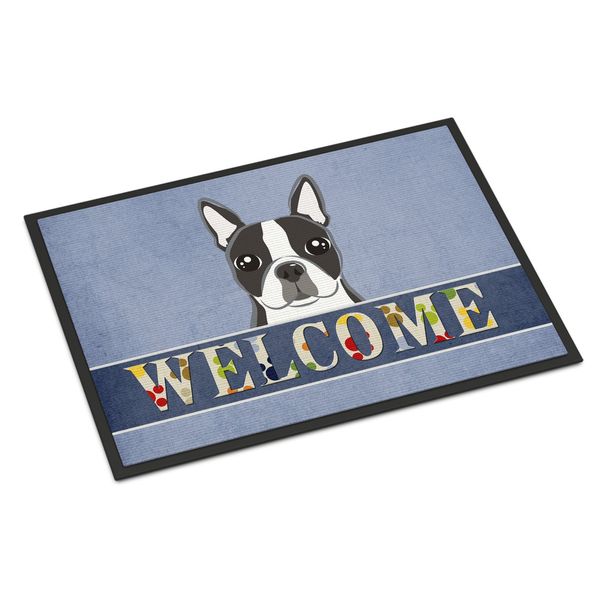 Caroline's Treasures BB1389MAT Boston Terrier Welcome Doormat 18x27, Blue Front Door Mat Indoor Outdoor Rugs for Entryway, Non Slip Washable Low Pile, 18H X 27W