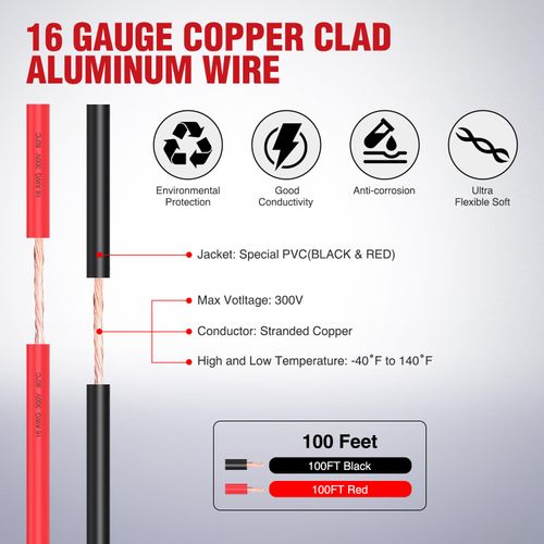 Nilight 100FT 16AWG Copper Clad Aluminum Wire 16/2 Gauge Red Black CCA Electrical Cable 2 Conductor Parallel 12V/24V DC Flexible Extension Cords for Car Audio Radio Speaker Amplifier
