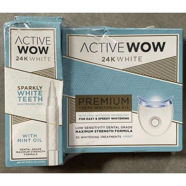 Active Wow Teeth 24K White Premium Whitening Kit, Toothpaste, Pen, Sealed