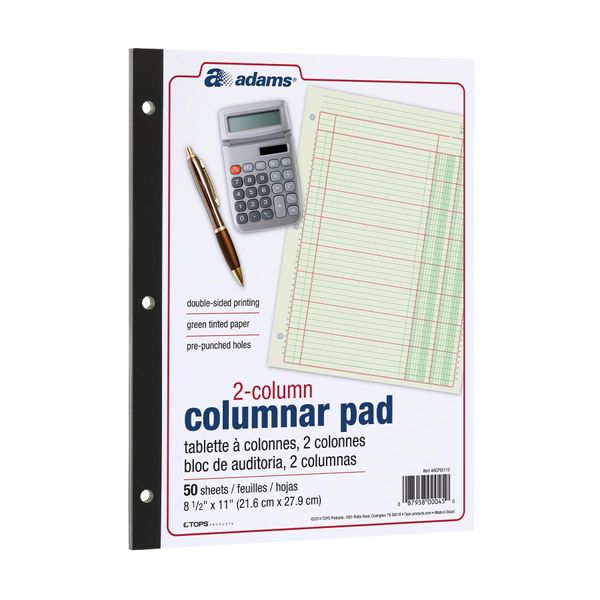 Adams Columnar Analysis Pad, 2 Column Ledger, 8.5" x 11", 100 Pages (50 Sheets), Green, 3 Hole Punch, for Accounting, Bookkeeping & Data (ACP85112)