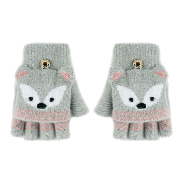 Kids Toddlers Cartoon Knitted Gloves Little Girls Boys Animal Theme Fox Mitts Mittens Winter Warm Soft Half Finger Gloves with Flip Top for 3-8 Yrs