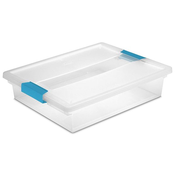 Sterilite Large Clip Box, Stackable Small Storage Bin with Latching Lid, Plastic Container to Organize Paper, Office, Clear Base and Lid, 6-Pack