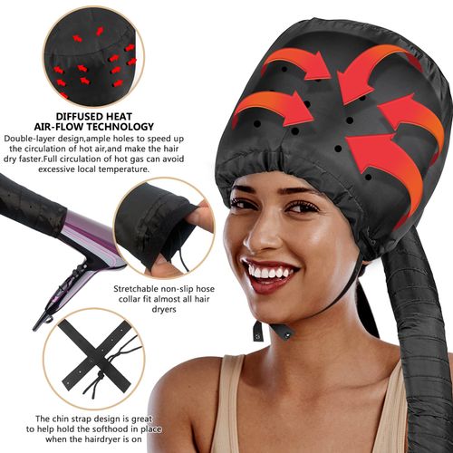 Bonnet Hood Hair Dryer Attachment - Hair Dryer Bonnet with Elastic Strap, Used for Hair Styling, Deep Conditioning and Hair Drying (Black)