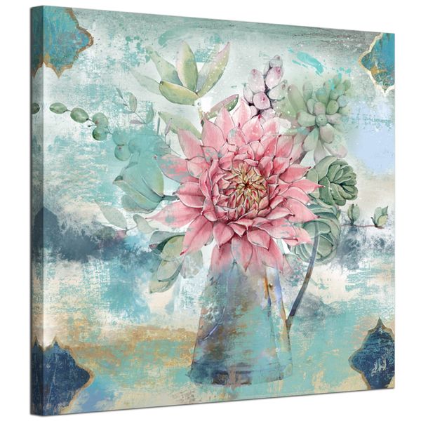 Anolyfi Botanical Cactus Plants Painting Abstract Succulents Flower Canvas Wall Art Pink Floral Rustic Print Picture Artwork Framed for Bathroom Bedroom Living Room Nursery Office Home Decor 14"x14"