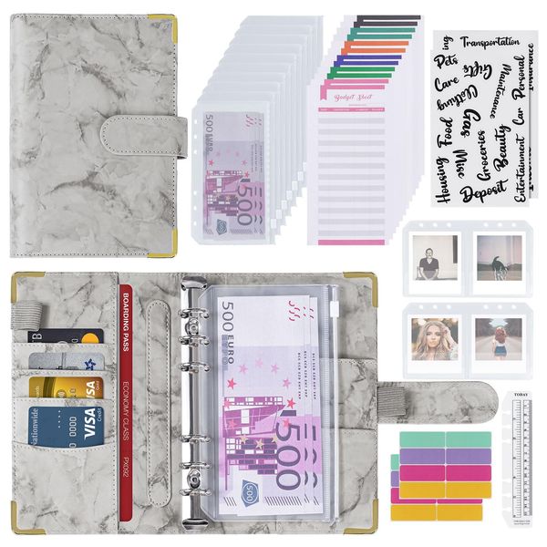 Budget Planner Budget Binder A6 Cash Stuffing Umschlagmethode Pu-Leder Ringbuch Sparbuch mit Folien Zubehör, Finanzplaner für Geld Organizer, Geld Sparen Mappe (Grau)