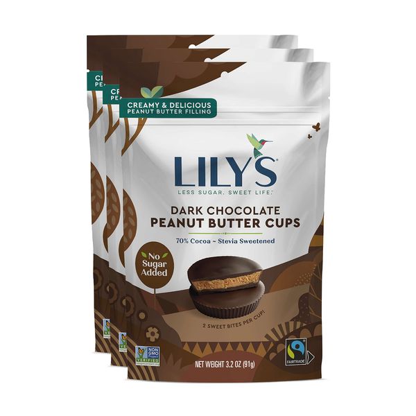 Dark Chocolate Peanut Butter Cups by Lily's Sweets | Made with Stevia, No Added Sugar, Low-Carb, Keto-Friendly | Fair Trade, Gluten-Free & Non-GMO | 3 Pack, 3.2 Oz