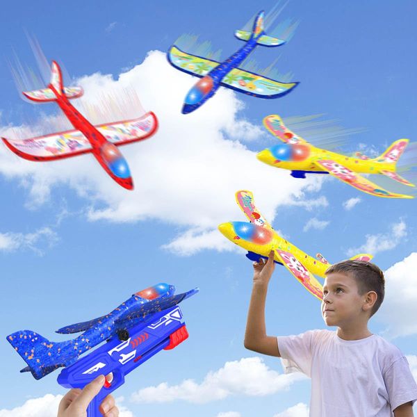 VUYIKOEN 3-Piece Aircraft Launcher Toy Set, 3-in-1 Foam Glider, Flight Mode 12.5 inch LED Ejection Aircraft Sticker, Children's Flight Toys, Birthday Gifts, Party Supplies