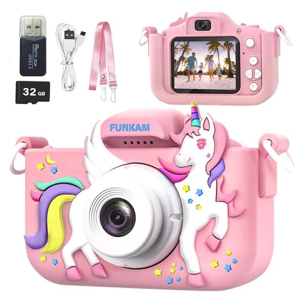 FUNKAM Kids Camera Toys for Girls and Boys Age 3-14, Kids Digital Camera Toddler Birthday Gifts, HD 1080P - Video Camera with Cute Unicorn Protective Cover, 32GB SD Card, Lanyard & Pen Drive (Pink)