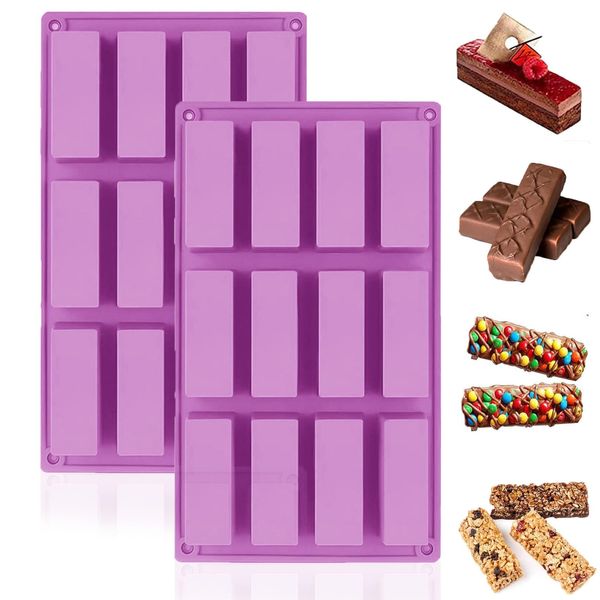 MARUKO 2Pcs Rectangle Silicone Mould, Chocolate Bar Moulds, Cereal Bars Baking Mould for Chocolate Truffles Bread Brownie Cornbread Cheesecake Butter Mold (Purple)