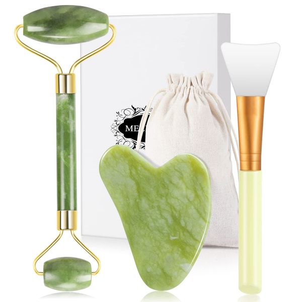 Jade Roller Set für Gesicht, Gua Sha Stein Massageset Gesichtsmassagegerät Natürlicher Schaben Stein Massage Werkzeug mit Maskenpinsel für Anti-Aging