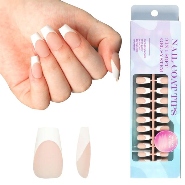 3 in 1 Nails Tips French False Nail Tips 300Pcs Square Coffin French Press on Nails - Pre Applied Tip Base Coat Cover, Soft Gel Fake Nails for Nail Extension Easy DIY, Nude