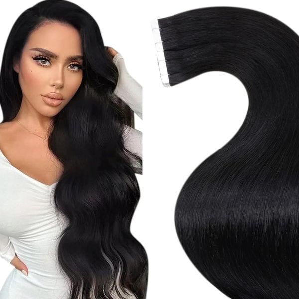 LaaVoo Tape Extensions Echthaar Schwarz Extensions Echthaar Tape Remy Haar Schwarz Invisible Tape Extensions Echthaar Haarverlängerung Echthaar 30cm 30g 20pcs #1