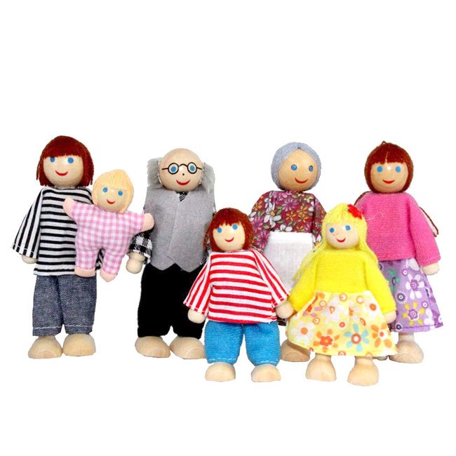 Yeooyoor Wooden Doll House Family Dress-up Characters, Family Role-Play Dress-up Characters Grandpa, Grandma, Mom, Dad, Children, Baby Family of 7