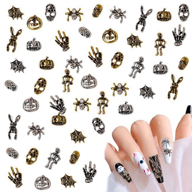 Halloween Nail Charms,72pcs Ghost Claw Spider Nail Gems with Rhinestones,Retro Skeleton Skull Hand Pumpkin Rabbit Gold Silver Alloy Nail Art Jewelry Decoration for DIY Halloween Nail Design Crafts