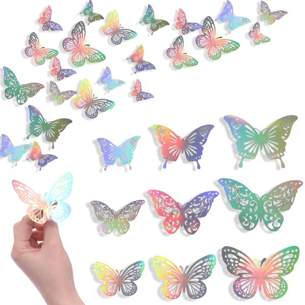 Tittaty 72 Pcs Butterfly Wall Decor, 3 Styles 3 Sizes 3D Shiny Silver Butterfly, Birthday Party, Wedding Decorations, Gift Box Girls Bedroom Decoration