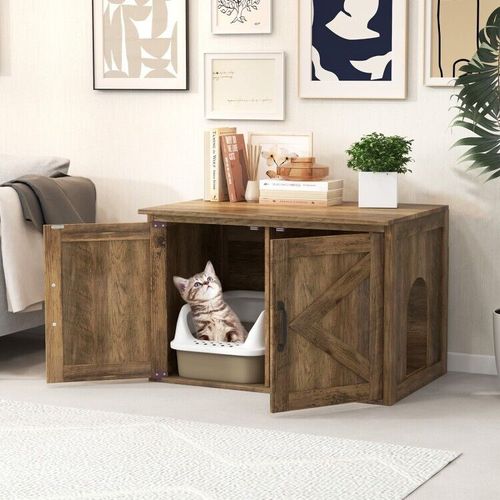 Flip Top Hidden Cat Washroom W/ Barn Doors & Removable Divider Pet Cat Furniture