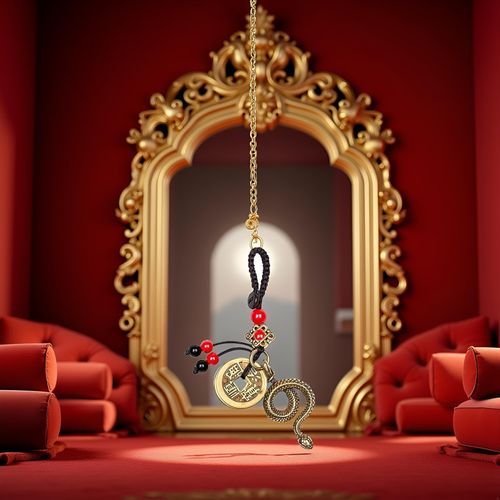 Brass Chinese Zodiac Snake Statue Keychain with 5 Feng Shui Coins, 2025 Zodiac Animal Charm Lucky Snake Key Ring Home Decor