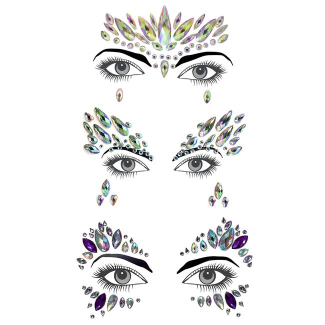 Jinpojun Glitzersteine Gesicht Festival Set of 3, Glitzersteine Selbstklebend Strasssteine Gesicht, Tattoos Glitzer Schmucksteine o Strass Gesicht Juwelen Kristalle Temporäre Tattoos