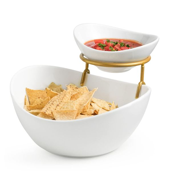 Miamolo Porcelain Serving Bowl Set for Appetizer Serving Dishes Set with 2 Compartment, Chip and Dip Taco Rack Display Salad Bar Serving Set, Gold Stand