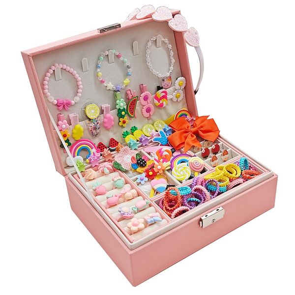 Jewelry Box with Hair Accessories for Girls, Hair Clips/Barrettes/Hair Ties/Bows/Toy Rings/Bracelets/Earrings/Hair Ropes/Hair Elastics, Gift Toys for Teen, Girls aged 4 5 6 7 8-12